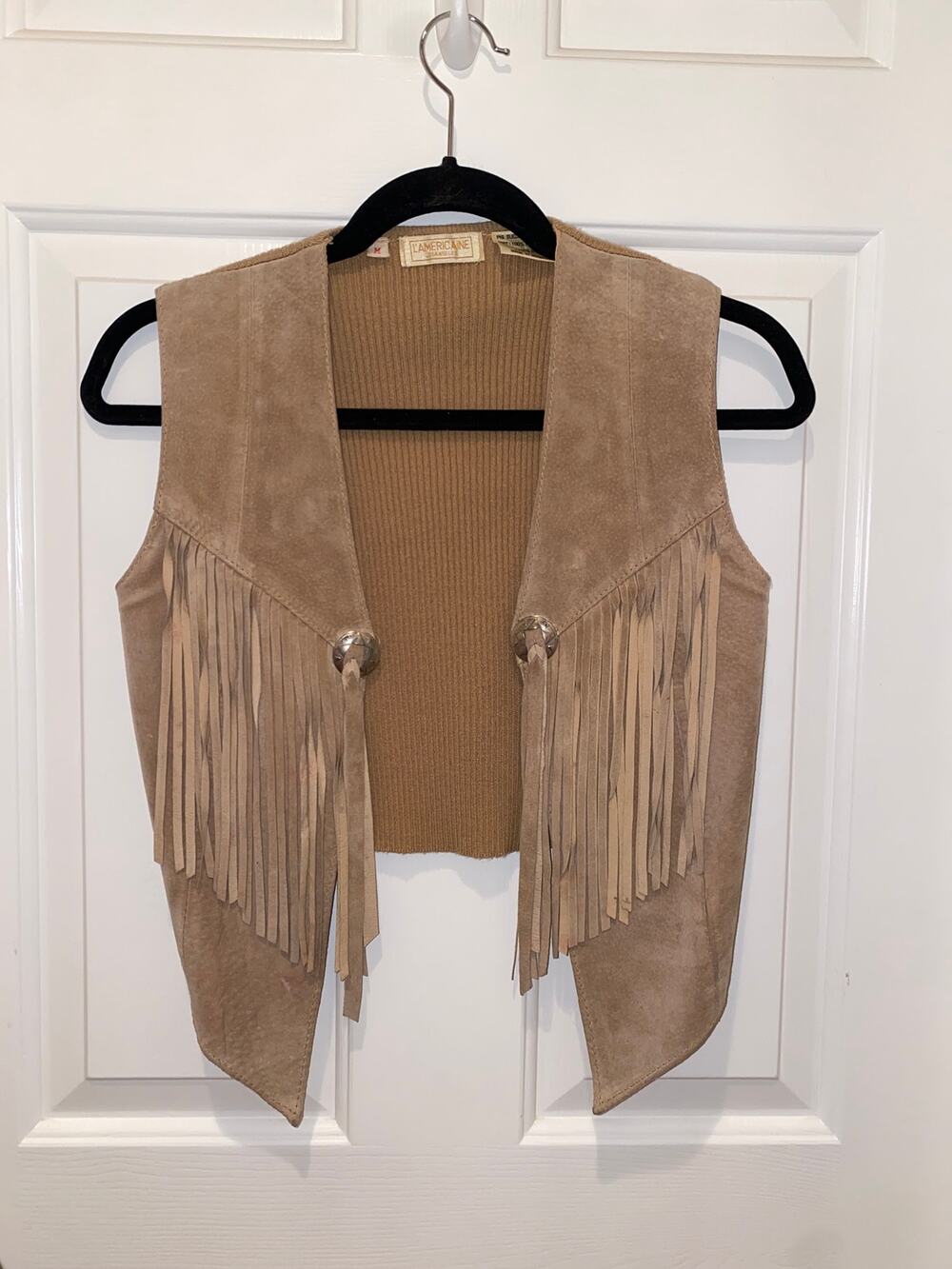 Vintage L'AMERICAINE Los Angeles Pig Suede Leather Vest Knit Back Fringe Medium